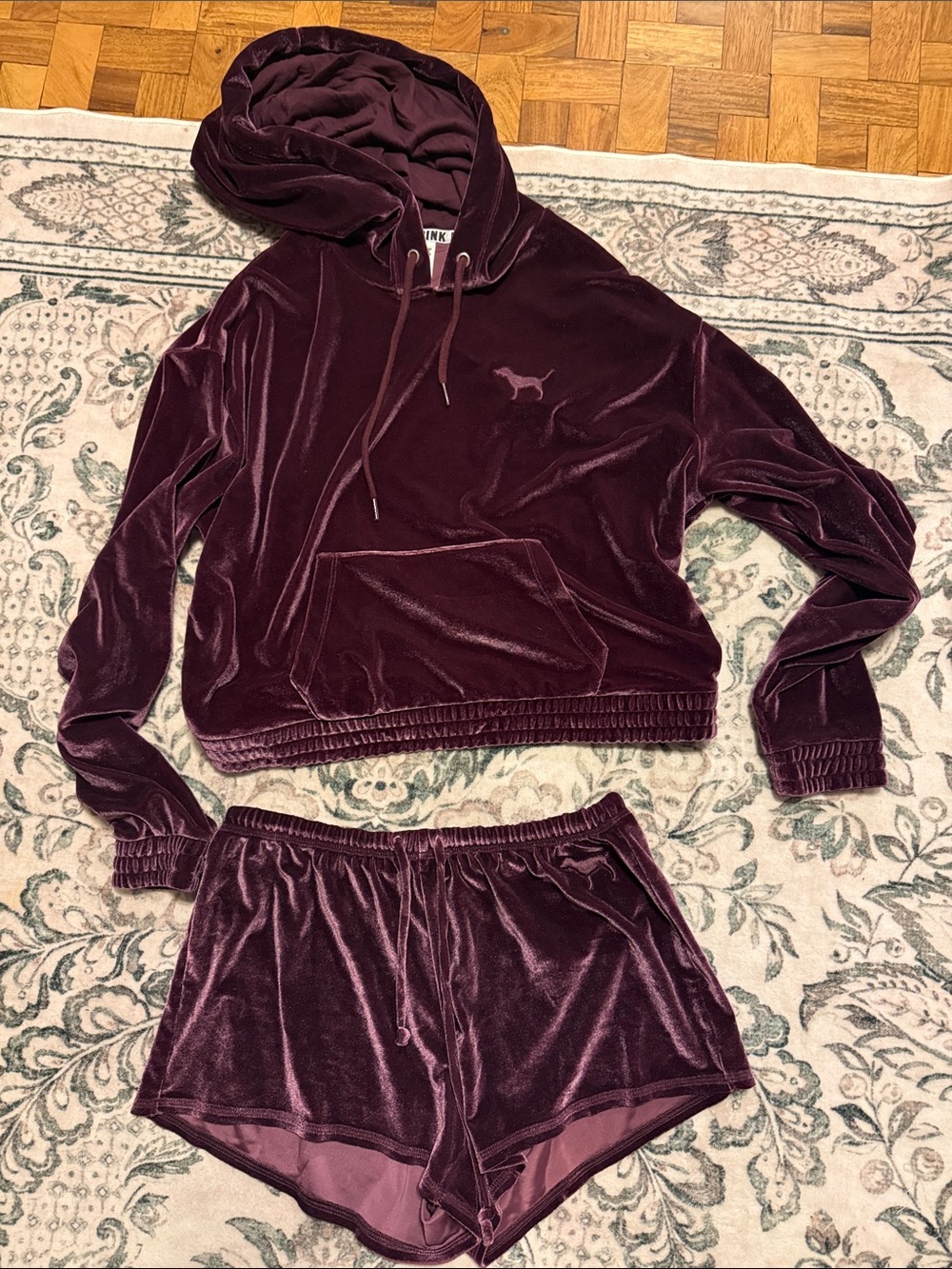 PINK Victoria's Secret Velvet Hoodie & Shorts Set - Plum